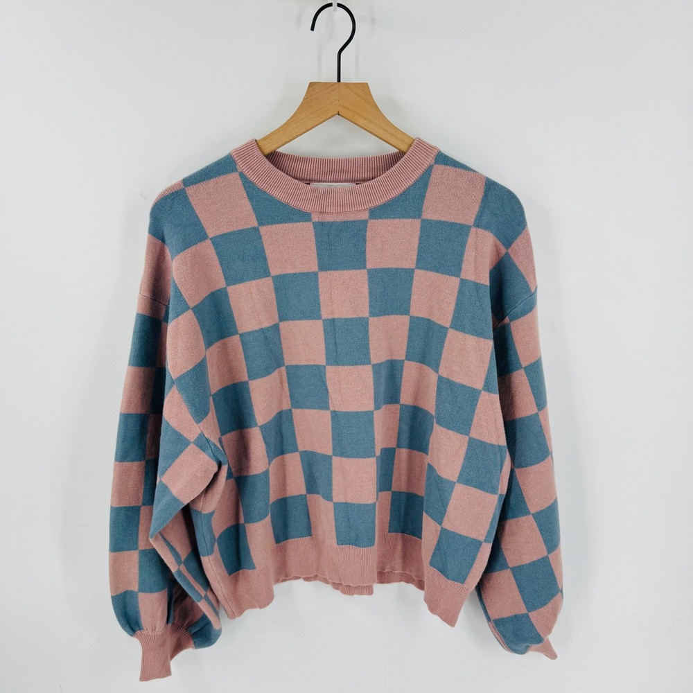 Lucca Pink Blue‎ Checkered Knit Sweater Crewneck Size L Streetwear Preppy Retro